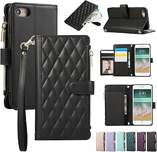 ELEPIK for iPhone 6/7/8/SE2/SE3 Case, Adjustable Crossbody Wallet Case with Card Holder, Kickstand, Wristlet for Women Men, Durable PU Leather Magnetic Phone Case for iPhone 6/7/8/SE2/SE3, Black